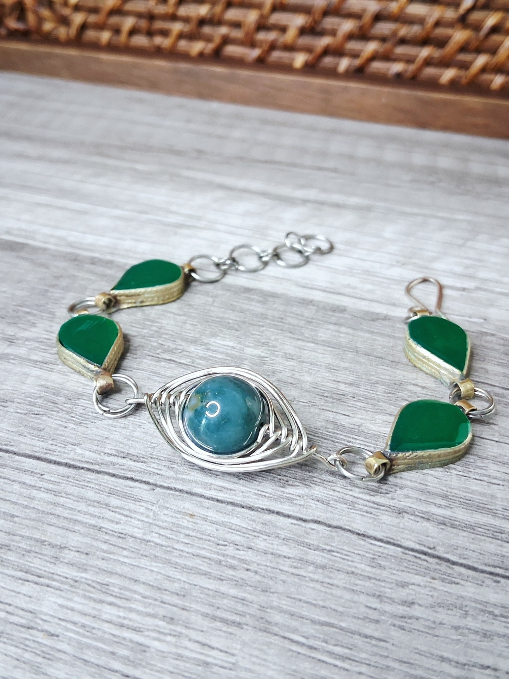 Handcrafted Green and Teal Wire-Wrapped Bracelet